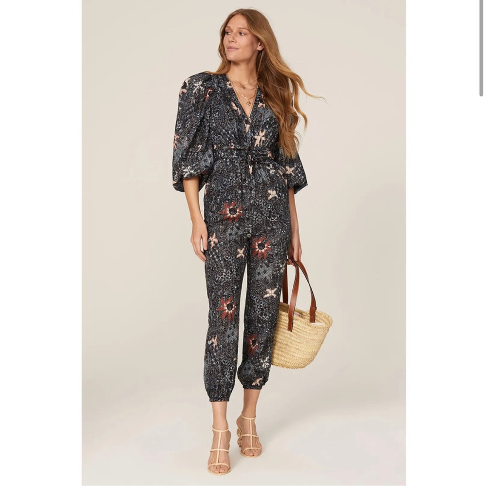 Ulla Johnson Citra Blue Floral Print Tie Waist Long Sleeve Jumpsuit